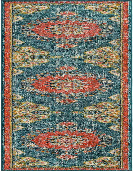 A 12 ft blue runner rug with a distressed traditional medallion pattern in vibrant orange, yellow, and cream, ideal for a hallway.