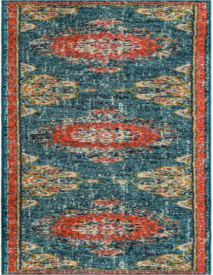 A 13 ft runner rug in a distressed Bohemian medallion pattern with shades of blue, orange, and yellow.