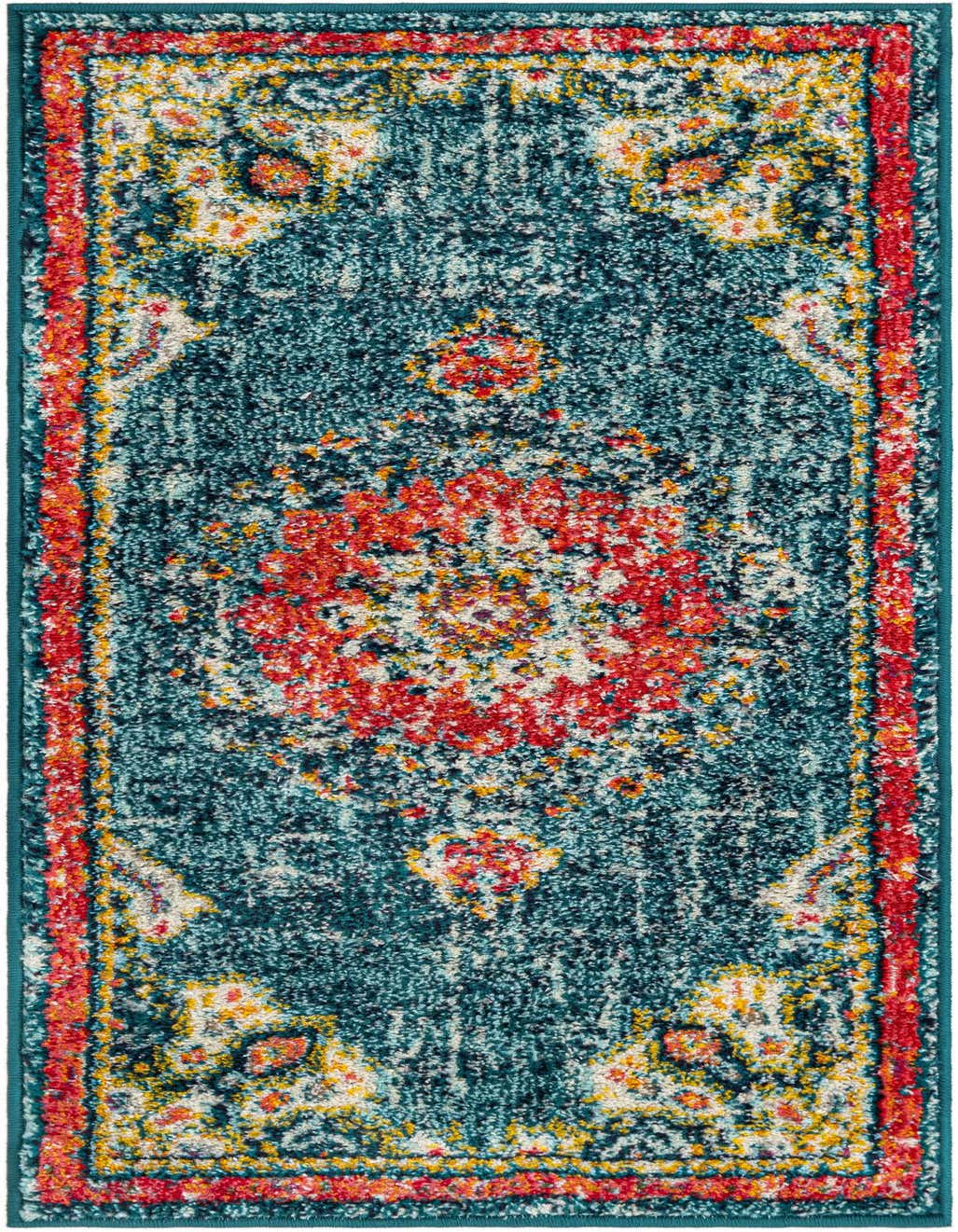 A 4 ft runner rug in the Madeline collection, featuring a distressed traditional medallion pattern in shades of blue, red, and yellow, ideal for a hallway.