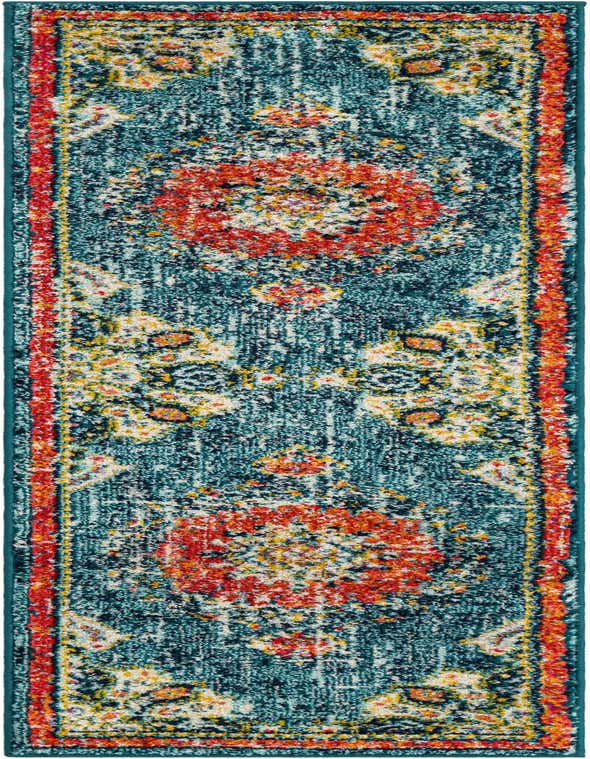 A 7 ft runner rug from the Madeline Collection, featuring a distressed traditional medallion pattern in shades of blue, red, and yellow, ideal for a hallway.