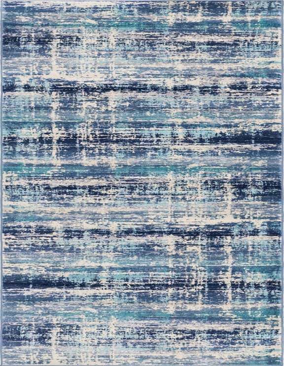 A 10 ft runner rug in shades of blue, teal, and white with an abstract, distressed pattern, ideal for a hallway.