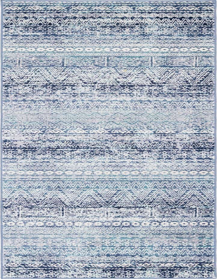 A 6 ft runner rug in shades of blue with a distressed urban stripe pattern, perfect for a hallway.