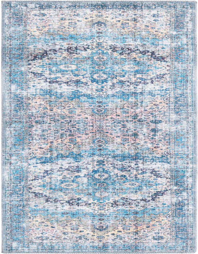 A 5 ft runner rug with a distressed traditional medallion pattern in shades of blue, cream, and subtle pink.