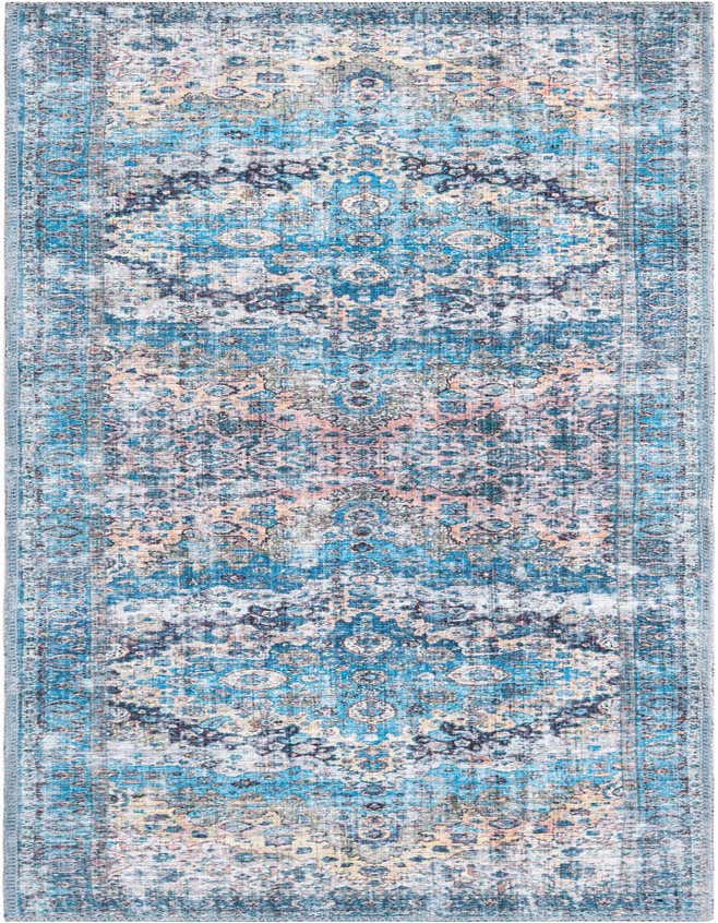 A 6 ft runner rug from the Mangata collection, featuring a distressed traditional medallion pattern in various shades of blue with hints of peach and cream, suitable for a hallway.