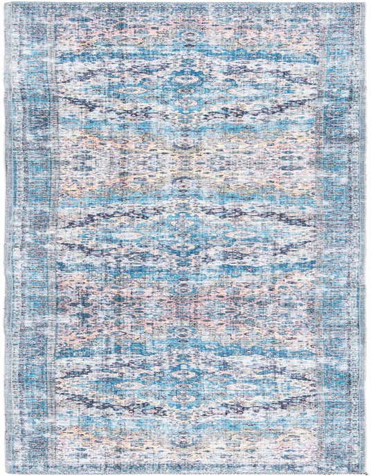 A blue and white distressed traditional runner rug with a medallion pattern, ideal for a hallway or patio.
