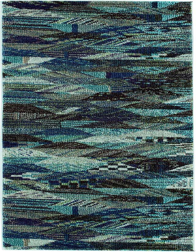 A 7 ft runner rug from the Mesa Collection featuring an abstract pattern in various shades of blue and teal.