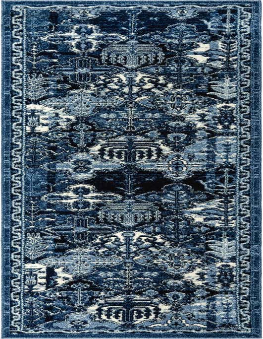 A 10 ft runner rug in varying shades of blue with an intricate, distressed botanical and trellis pattern, ideal for a hallway.