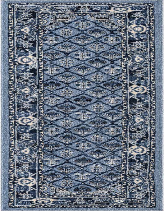 A 10 ft runner rug in shades of blue with a traditional Bohemian pattern, featuring a central trellis design and ornate borders.