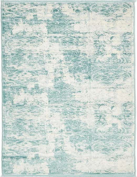A 10 ft runner rug in shades of blue and white, featuring a distressed traditional pattern, ideal for a hallway.
