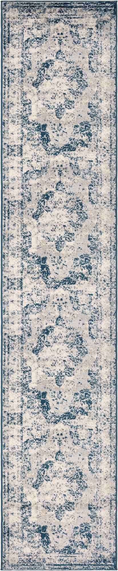 A 16 ft runner rug featuring a distressed blue and off-white Bohemian medallion pattern, ideal for hallways.