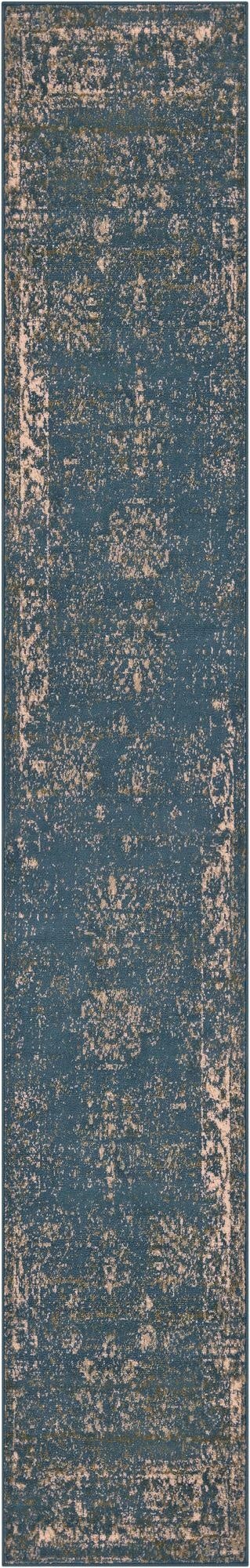A 13 ft runner rug in shades of blue with a distressed bohemian and traditional medallion pattern, ideal for a hallway.