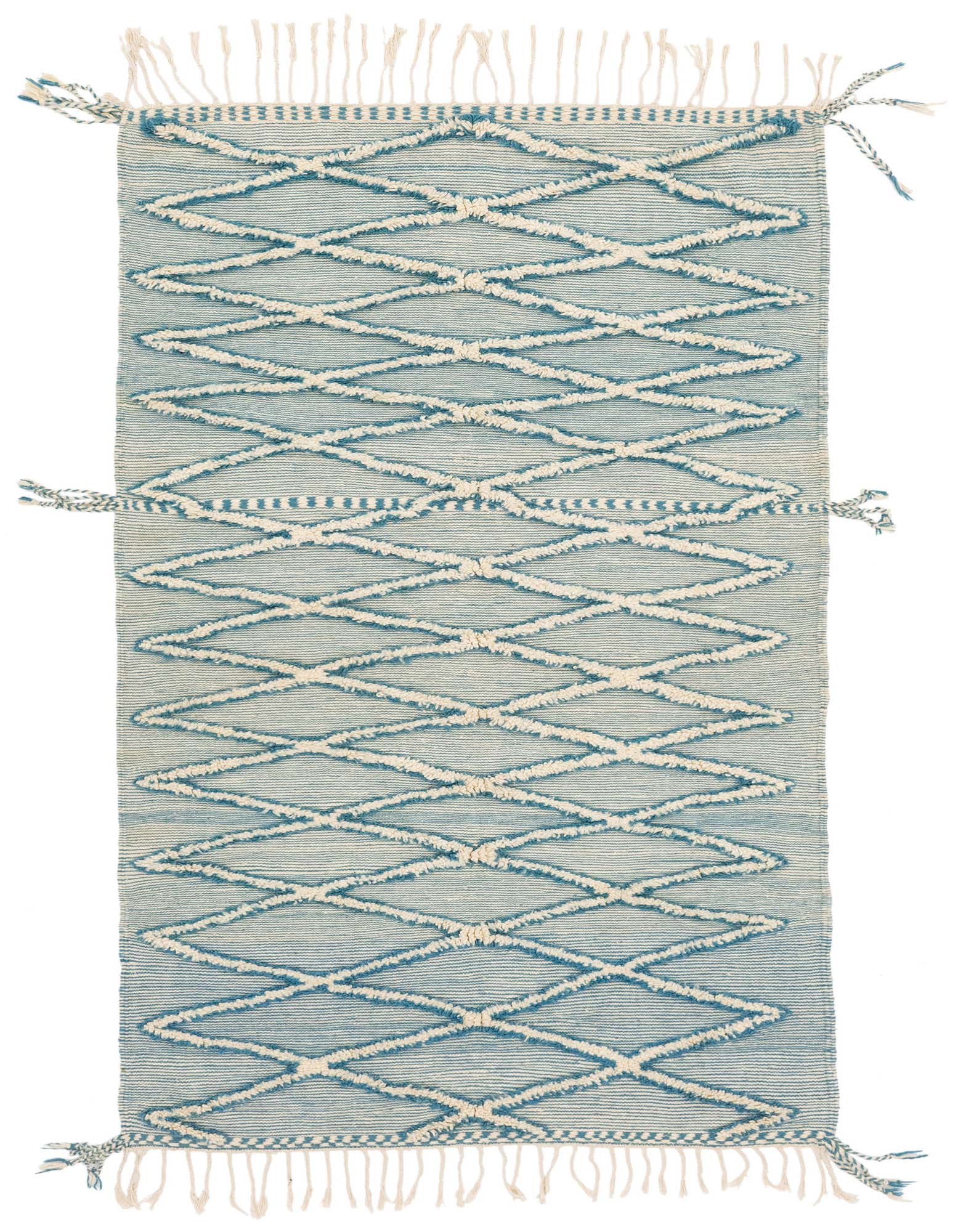 A 10 ft runner rug in shades of blue with a cream tribal diamond pattern and decorative tassels, perfect for a hallway.