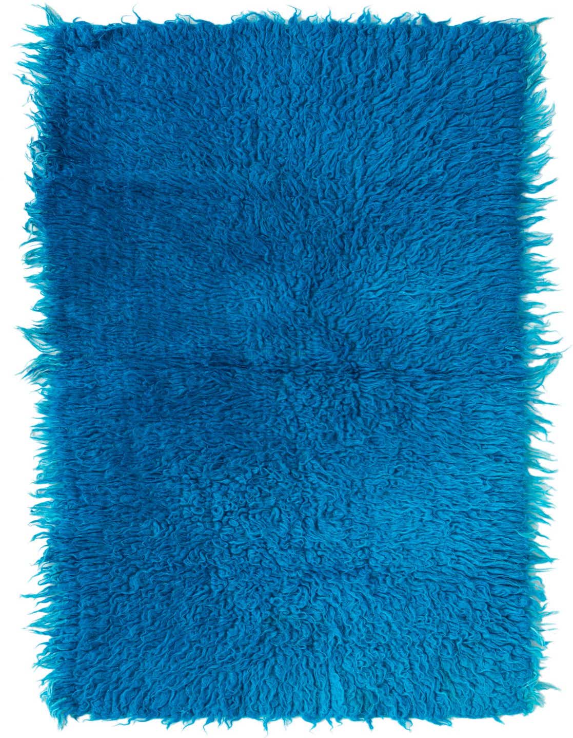 A vibrant blue 4 ft runner rug with a thick, shaggy pile, handmade from wool, perfect for a hallway.
