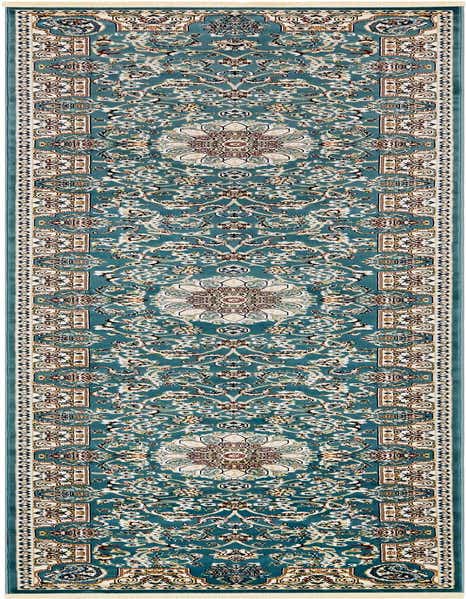 A 13 ft runner rug in shades of blue with a traditional botanical medallion pattern, ideal for a hallway.
