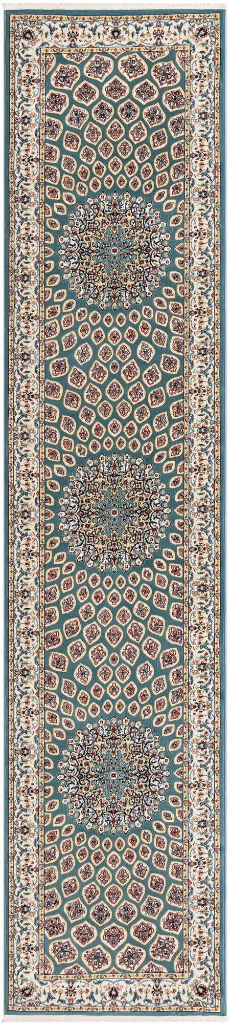 A 13 ft runner rug with a traditional botanical medallion pattern in shades of blue, cream, and red.