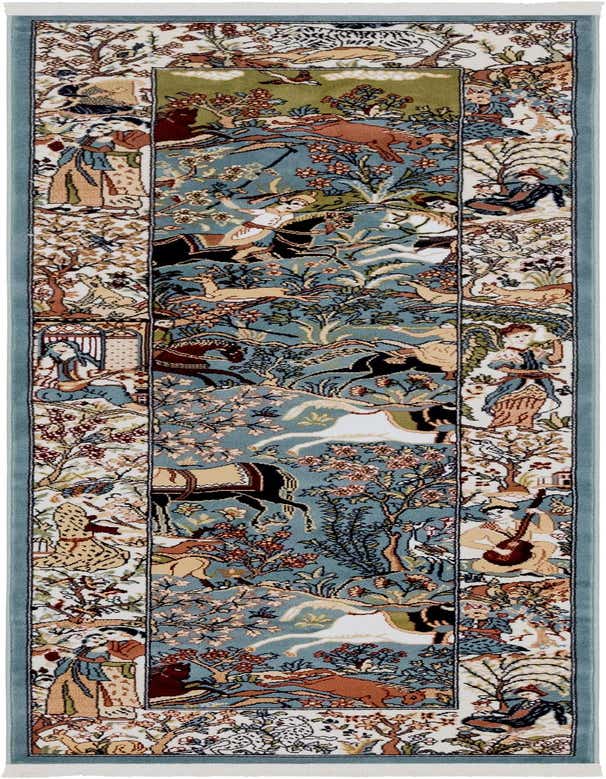 A long 8 ft blue runner rug with a traditional botanical pattern featuring horses, deer, and people in a garden scene, ideal for a hallway.