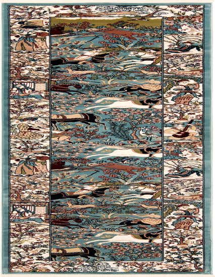 A 12 ft runner rug with a traditional floral pattern in shades of blue, cream, and brown, depicting a detailed garden scene with figures, animals, and trees.