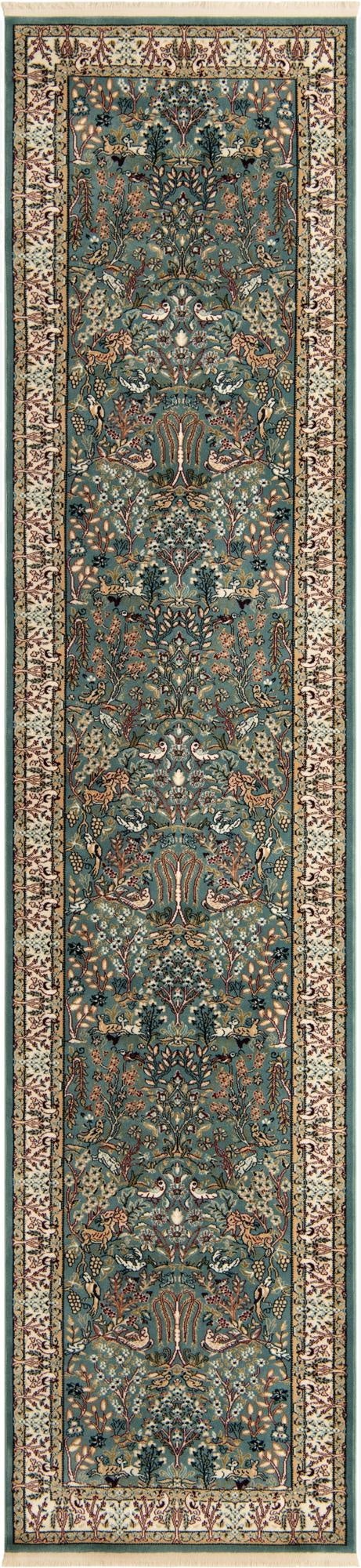 A 13 ft traditional runner rug featuring a detailed botanical and animal pattern in shades of blue, cream, and brown.