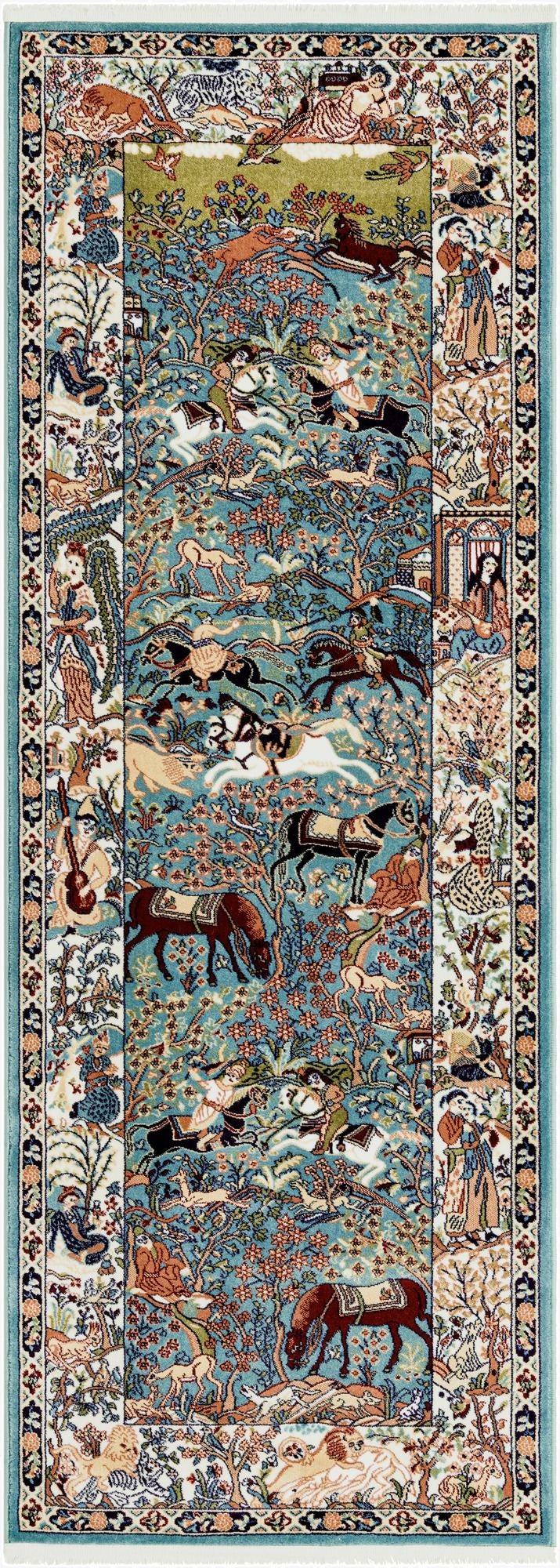 A 7 ft runner rug in traditional blue with an intricate design of trees, horses, and figures, perfect for a hallway.