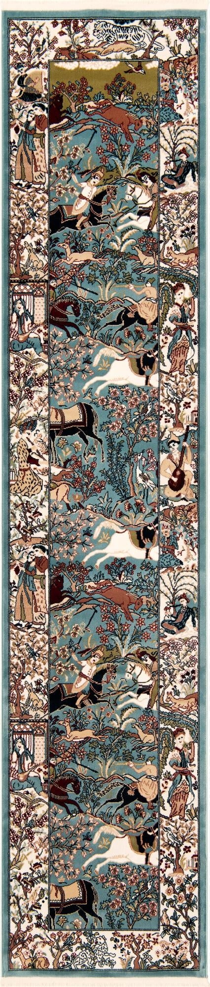 A 12 ft runner rug with a traditional floral pattern in shades of blue, cream, and brown, depicting a detailed garden scene with figures, animals, and trees.