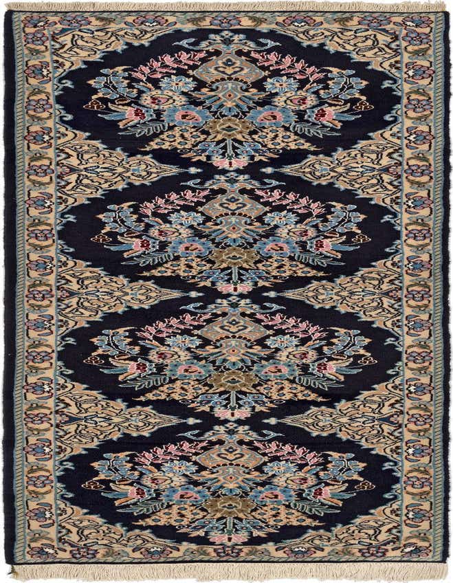 A handmade 7 ft runner rug from the Nain collection, featuring a traditional blue Persian pattern with intricate floral motifs and a cream border.