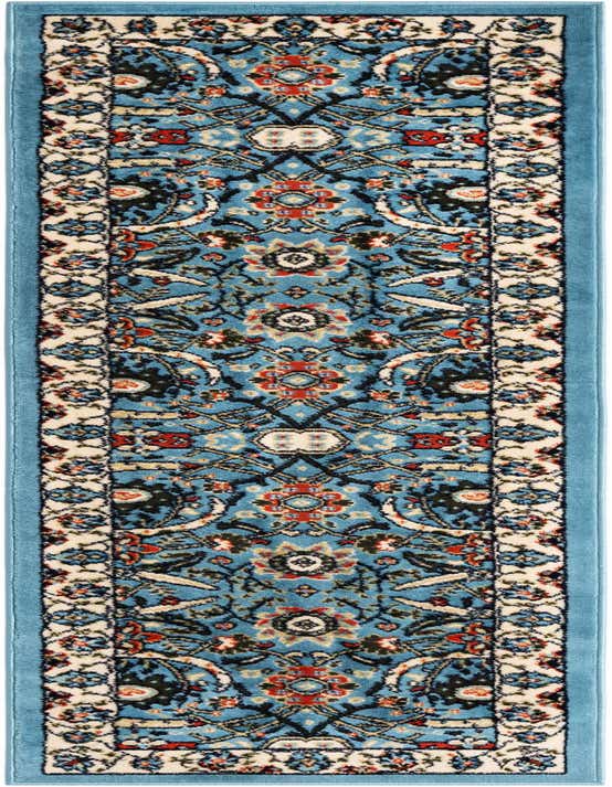 A blue 8 ft runner rug with a traditional floral and botanical pattern in shades of red, black, and cream, perfect for a hallway or kitchen.