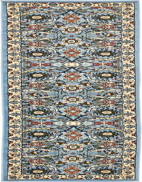 A 10 ft runner rug with a traditional blue background, featuring an intricate botanical and floral pattern in cream, red, and green, perfect for a hallway.