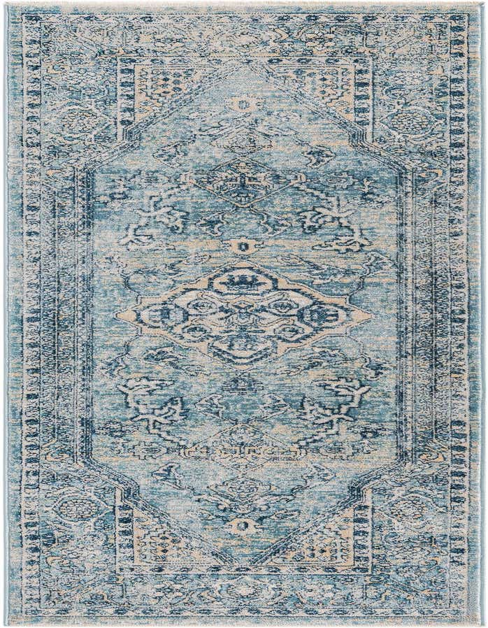 A 6 ft runner rug featuring a distressed traditional medallion pattern in varying shades of blue and cream.