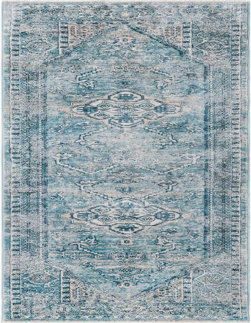 An 8 ft runner rug in shades of blue with a distressed traditional medallion and tribal pattern, ideal for a hallway or kitchen.