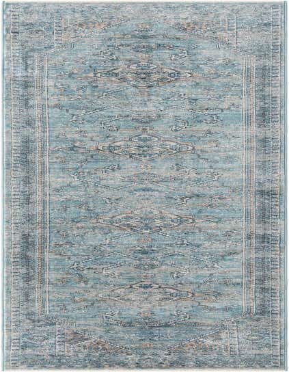 A 13 ft runner rug from the Newport collection by Rugs.com, featuring a distressed blue and beige Oriental pattern, ideal for hallways.