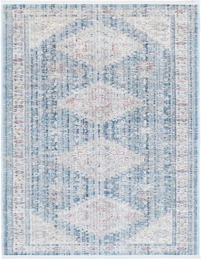 A 6 ft runner rug with a distressed traditional medallion pattern in shades of blue, white, and subtle red.