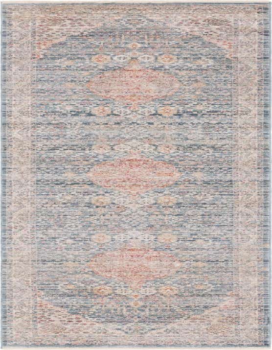 A 10 ft runner rug from the Rugs.com Noble collection, featuring a distressed traditional medallion pattern in various shades of blue, beige, and terracotta.
