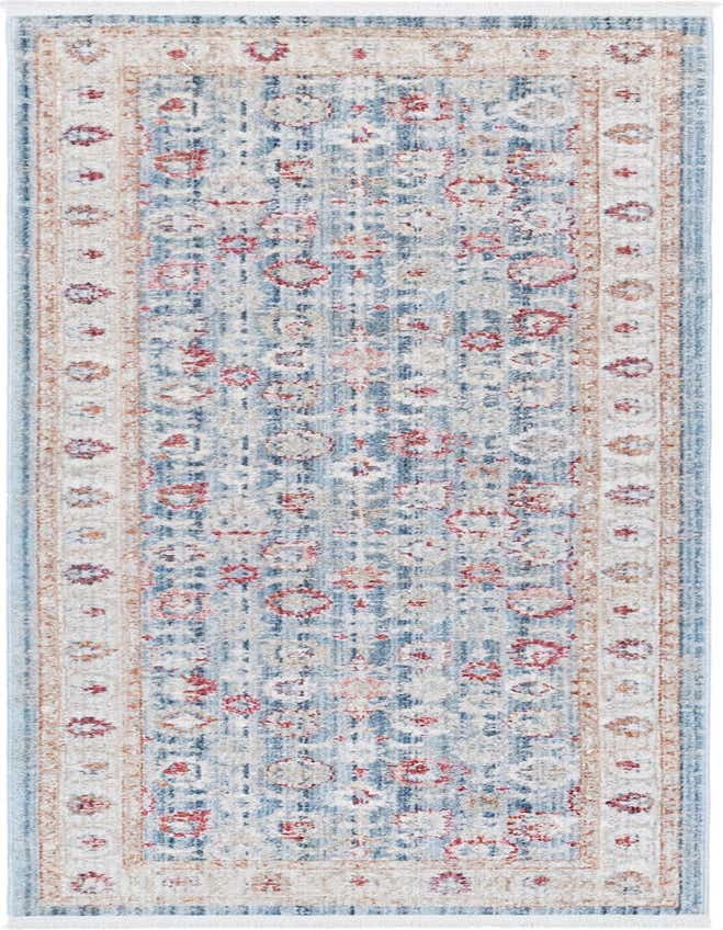 A 6 ft Noble runner rug in blues with a distressed traditional floral pattern and a light border.