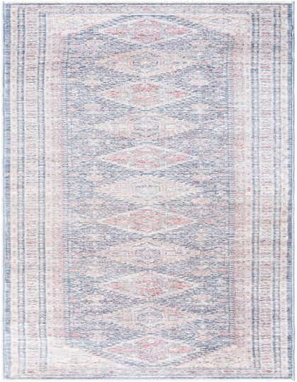A 13 ft runner rug with a faded blue, red, and cream vintage medallion pattern, ideal for a hallway.