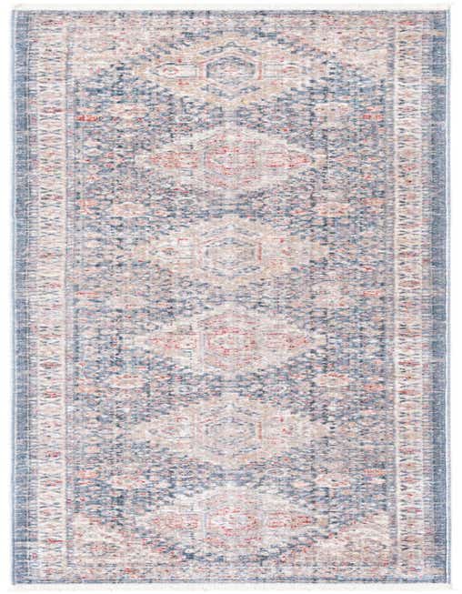 A long 8 ft runner rug with a faded blue, beige, and red Oriental medallion pattern, ideal for a hallway.