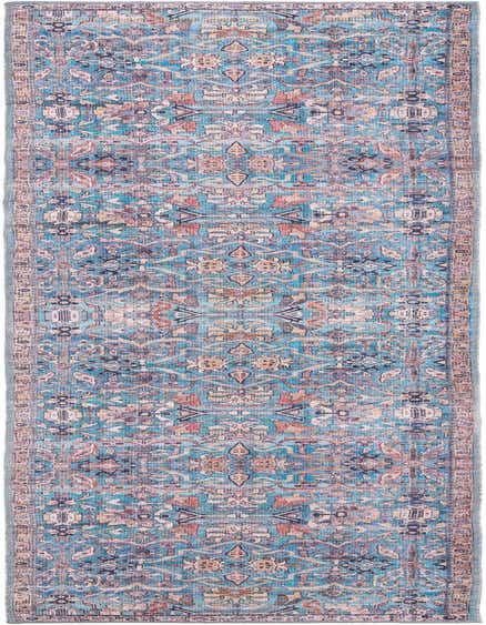 A 12 ft runner rug from the Nostalgia collection, featuring a distressed traditional tribal pattern in various shades of blue, peach, and cream.
