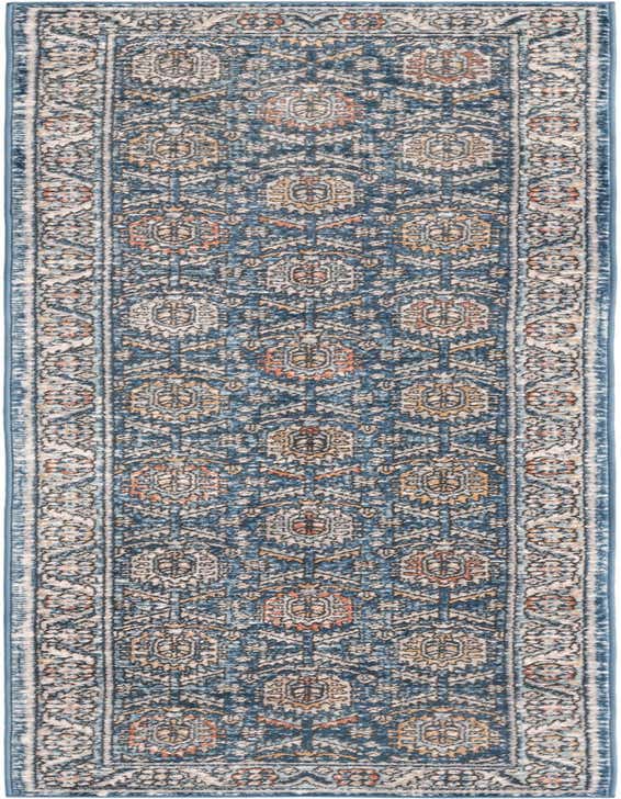 A 10 ft runner rug from the Nyla collection, featuring a distressed blue, cream, and orange traditional medallion pattern, ideal for hallways.