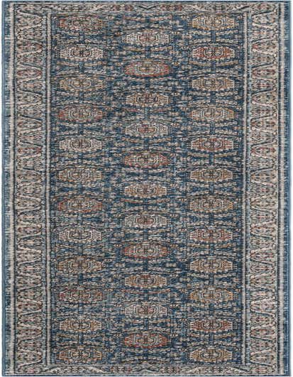 A 13 ft runner rug from the Nyla collection, featuring a distressed blue background with traditional oriental medallion patterns in cream, rust, and gold.