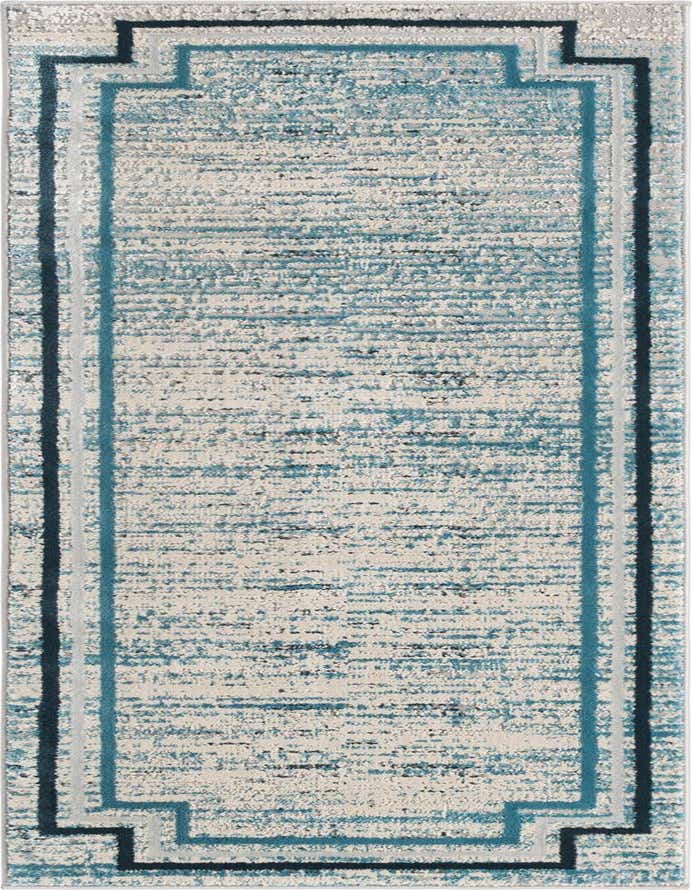 A 6 ft runner rug with an abstract blue and cream pattern, featuring a modern geometric border in varying shades of blue, ideal for a hallway.