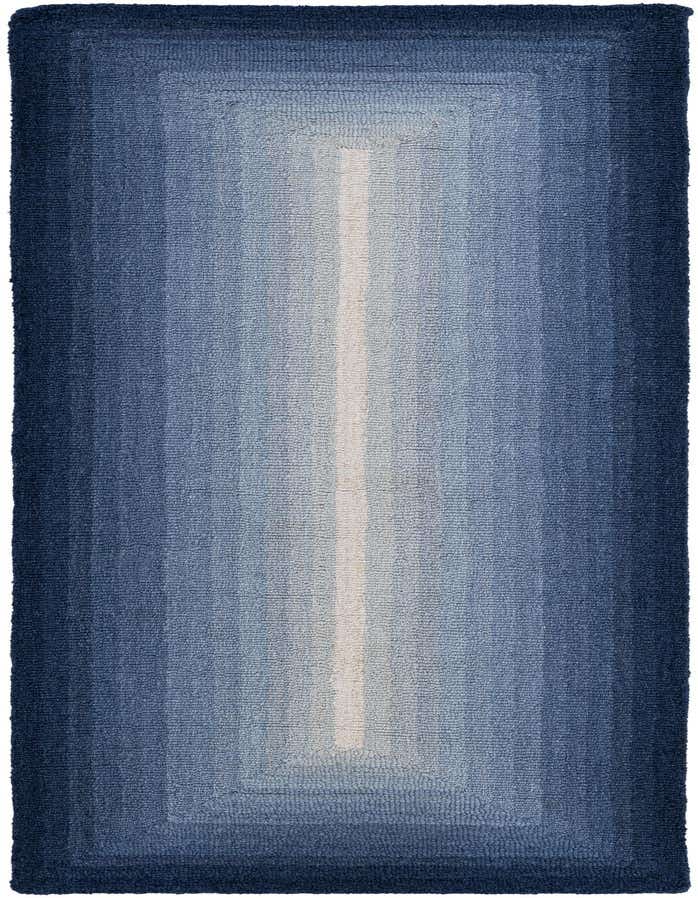 A 6 ft runner rug featuring a modern blue ombre design, transitioning from dark navy edges to a light blue center stripe.