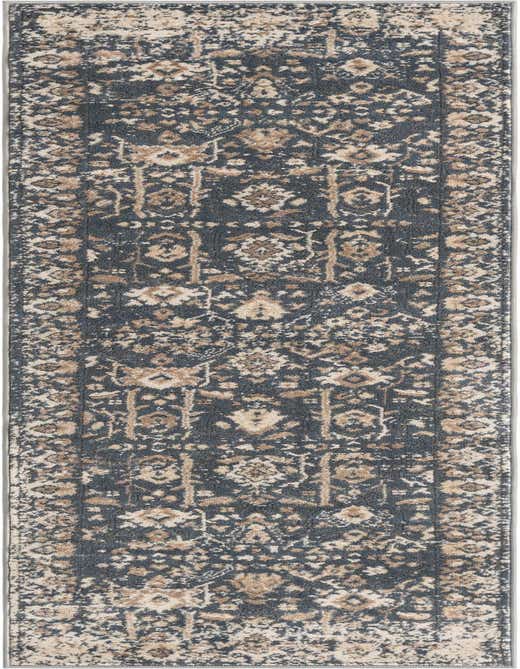 An 8 ft runner rug featuring a distressed traditional floral pattern in shades of blue and beige, ideal for a hallway.