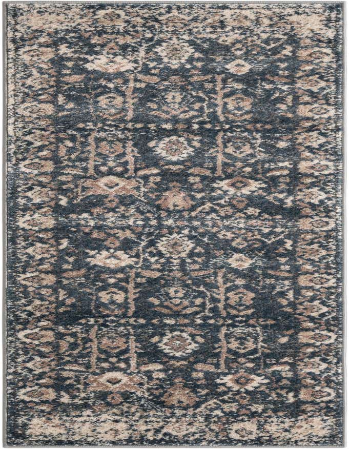 A 6 ft runner rug with a distressed blue background and faded beige and brown traditional floral patterns, ideal for a hallway.