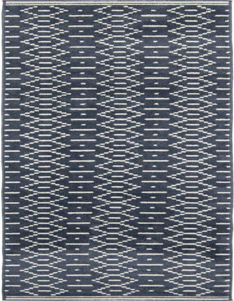 A 12 ft runner rug from the Oslo collection, featuring a modern geometric pattern in shades of blue with off-white accents, ideal for hallways.