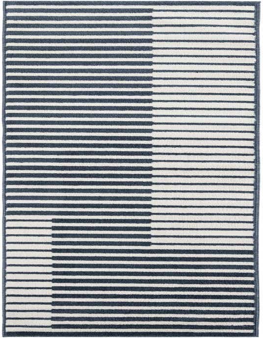 A 10 ft runner rug featuring a modern stripe pattern in alternating navy blue and off-white bands, ideal for a hallway.