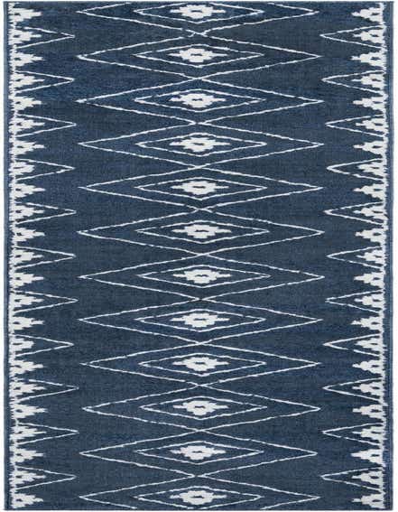 A 12 ft blue runner rug with a modern white geometric diamond pattern, ideal for a hallway.