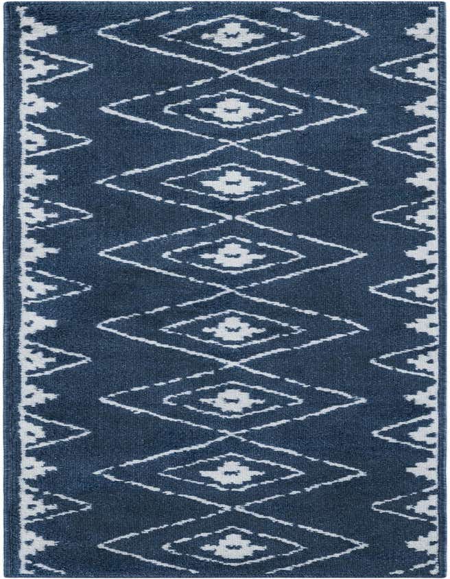 A 6 ft runner rug in deep blue with a repeating modern white diamond pattern, ideal for hallways.
