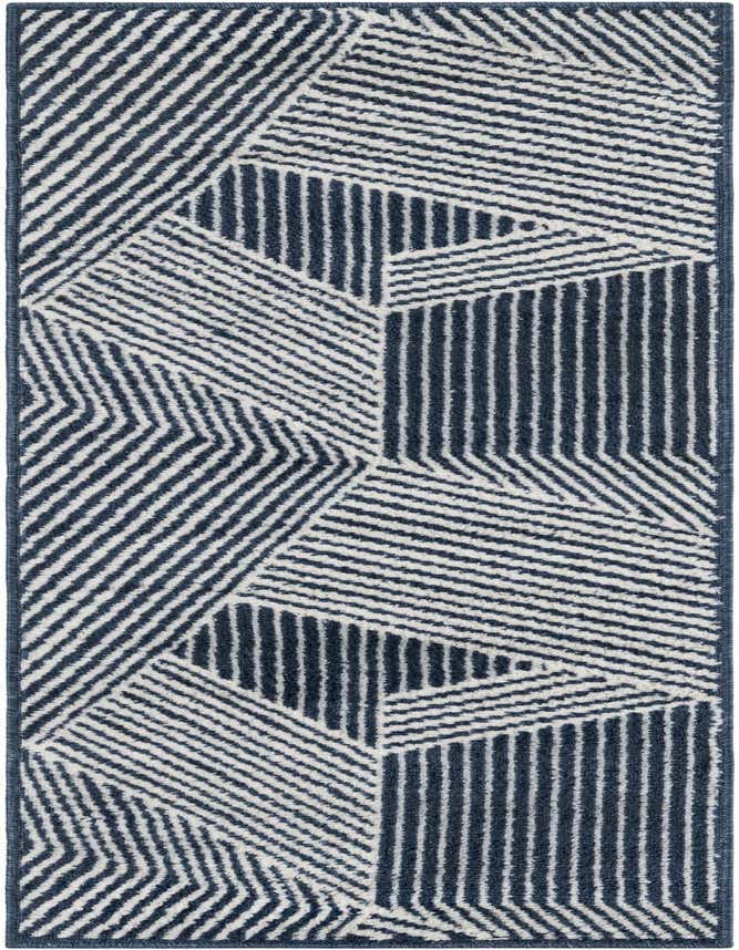 A 6 ft runner rug featuring a modern geometric pattern of alternating navy blue and off-white stripes, perfect for a hallway.