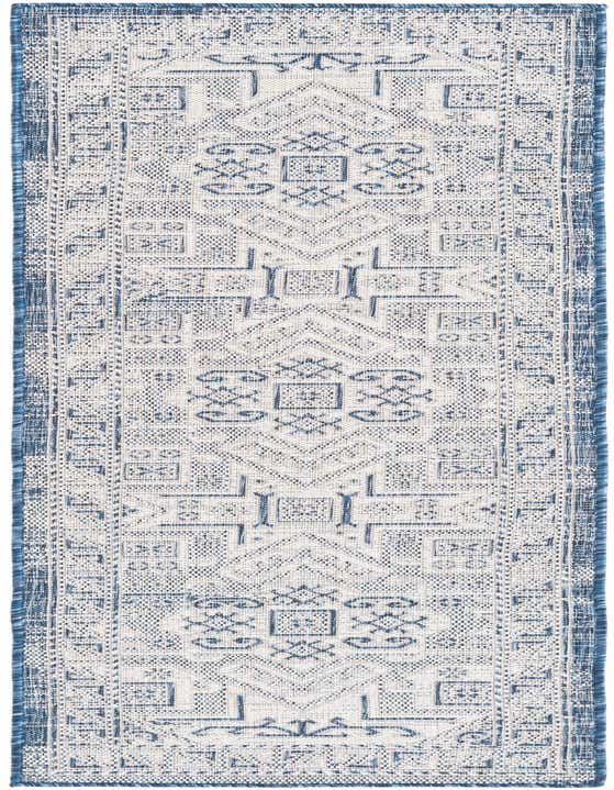 An 8 ft runner rug with a blue and white Southwestern tribal pattern, suitable for hallways or patios.
