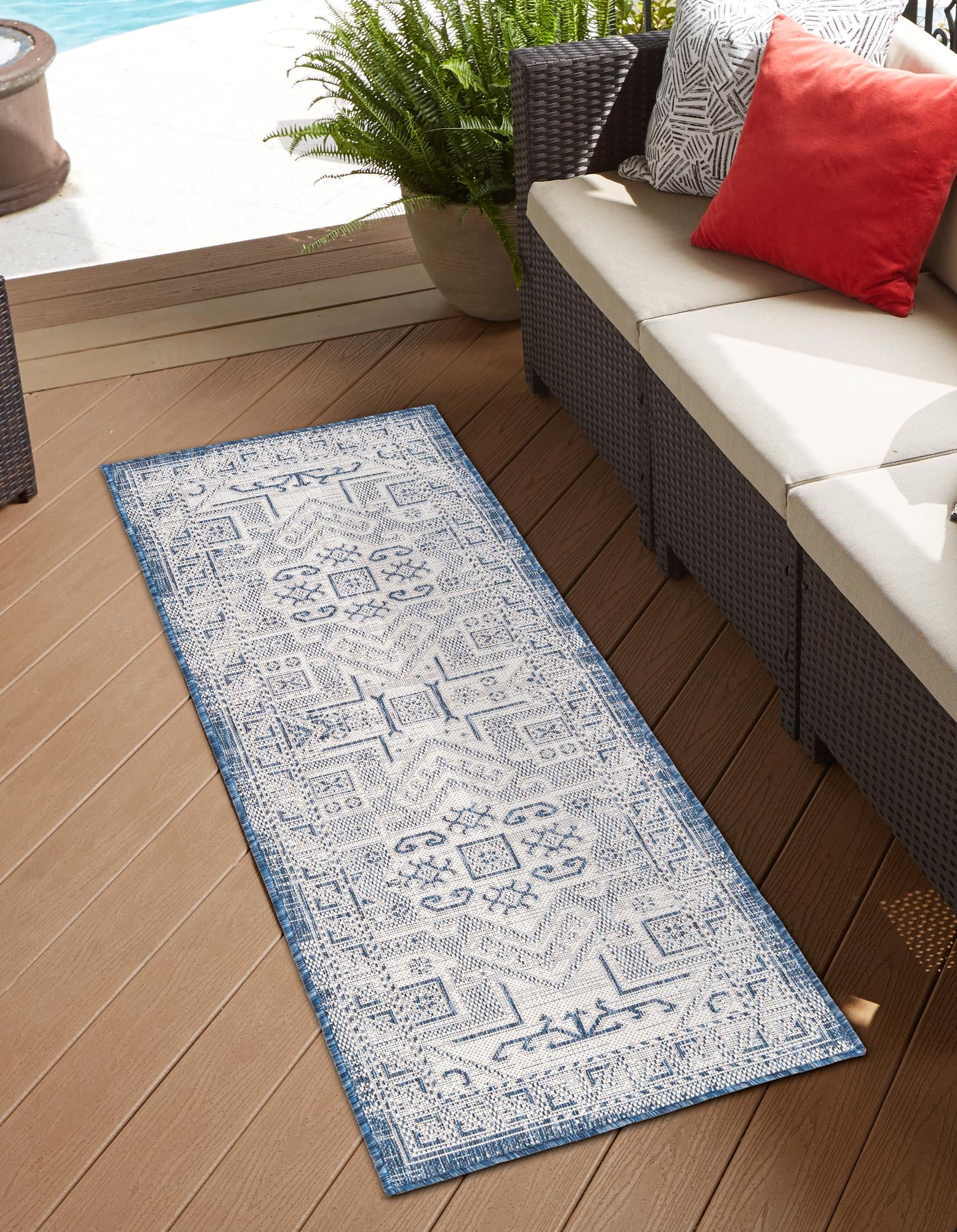 Blue 2' 7 x 12' Aztec Indoor / Outdoor Runner Rug | Rugs.com