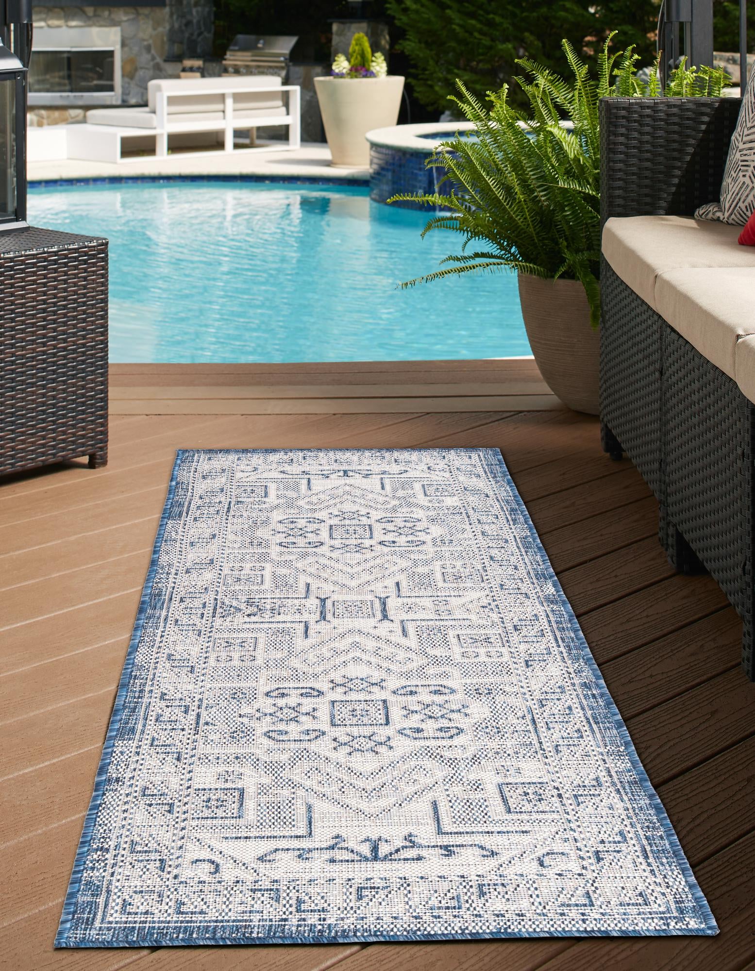 Blue 2' 7 x 12' Aztec Indoor / Outdoor Runner Rug | Rugs.com